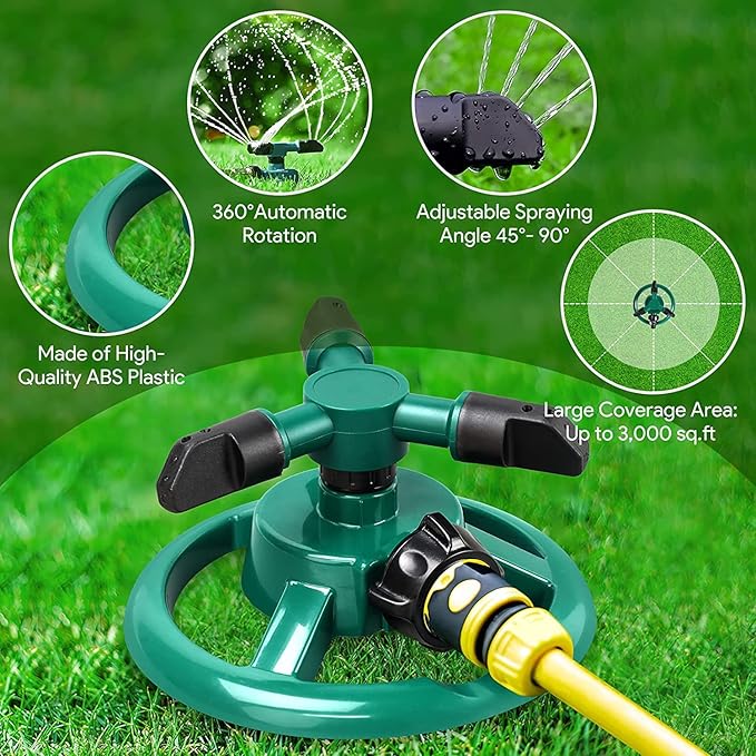 Automatic 360° Lawn Sprinkler 3 Arm 4 Nozzle for Watering Garden Plants/Pipe Hose Irrigation Yard Water Sprayer - CL-NE-5533